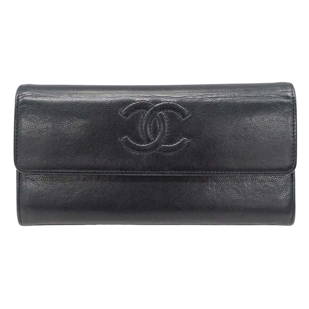 Chanel CHANEL Women's Wallet, Brand Name Long Leather, Black, Silver Hardware...